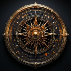 Fototapeta premium A circular gold astrology symbol with dark night background. Generative AI. 
