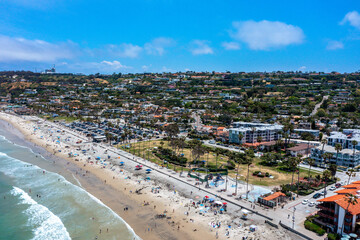 Aerial View of La Jolla Shores Beach with the Park and Homes up in the Hills