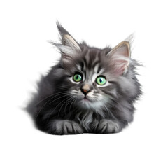 Adorable longhaired gray kitten with stunning green eyes on a black table, licking lips. Space for text.