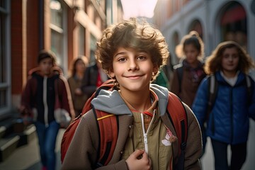 Fototapeta premium Happy cute schoolkid with a backpack.