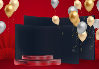 Black podium with gold and silver balloons on red background. Vector illustration