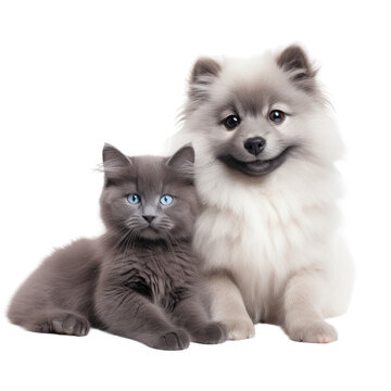 Cute gray kitten and happy dog on a transparent background. Adorable fluffy cat and spitz puppy.