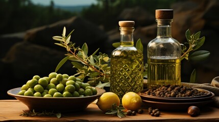 Organic Pleasures: Nature's Own Olives and Olive Oil bottle, generative ai
