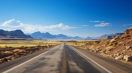 A long open road in the wide open landscape. Generative AI. 