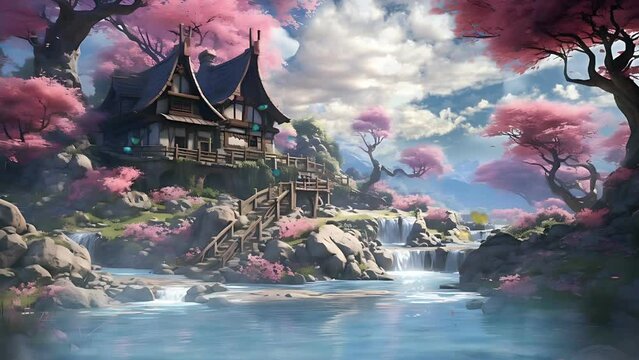 Villa or house in the Riverside with Sakura flowers tree. Fantasy dream anime drawing style. Seamless 4k animation footage
