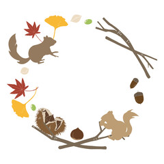 リスと木の実、紅葉の秋フレーム、ベクター素材