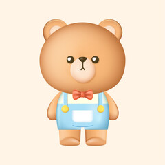 Realistic Baby Bear Character Wearing Blue Jumpsuit with Red Ribbon