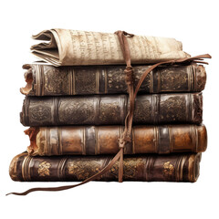 Collection of antique books and scrolls on transparent backround.