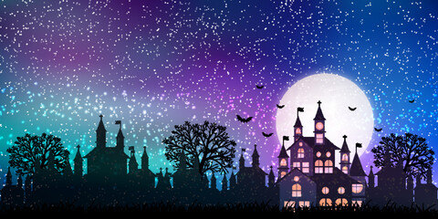 Fototapeta premium ハロウィン 城 満月 秋 背景