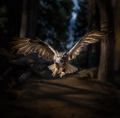 A great horned owl flying towards camera