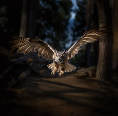 Obraz premium A great horned owl flying towards camera