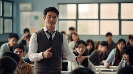 Confident teacher in classroom, generative ai