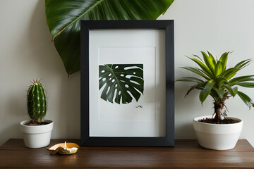 Mockup big photo frame close up on wall with tropical plant. Outside view