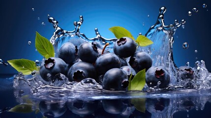 Fototapeta na wymiar fresh blueberries splashed with water on black and blurry background