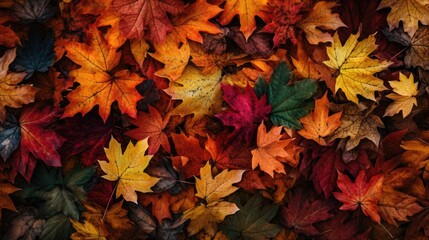 Naklejka na ściany i meble A lot of autumn leaves. Top view. Generative AI