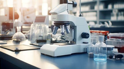 Close-up shot of microscope with metal lens at laboratory. Microscope on the table with chemical tube and glassware in laboratory, Science research technology, Generative AI illustration