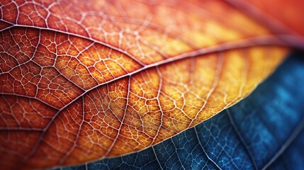 Detailed close-up of the surface of an autumn leaf, showing its intricate pattern and color transitions. Generative AI