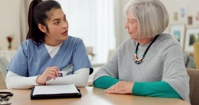 Nurse, documents and senior woman with home consultation, healthcare information and insurance checklist or charts. Medical doctor, elderly patient or people talking of retirement nursing paperwork