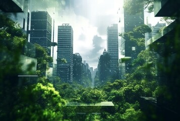 Fototapeta na wymiar green city,double exposure of lush green forest and modern skyscrapers windows. generative ai
