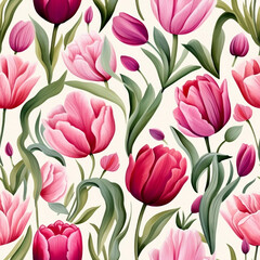 Obraz premium Seamless tulip pattern used in fabric design, wallpaper, and other decorative items.repeating pattern of tulips in different colors and sizes. simple and elegant. intricate and detailed.