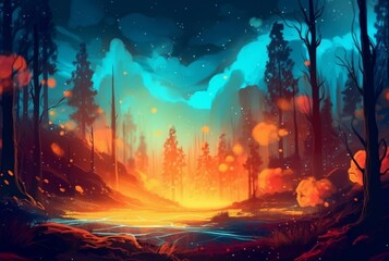 abstract landscape. colorful art fantasy landscape with a forest and glowing light. generative ai