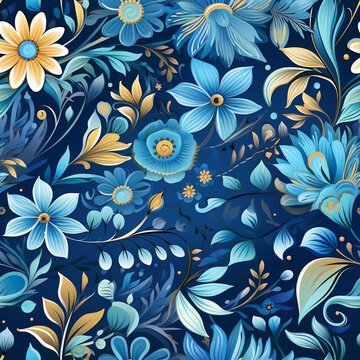 blue floral pattern with gold elements on a dark blue background, in the style of georgy kurasov, textured shading, oleg shuplyak, detailed nature depictions,
