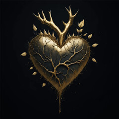 gold heart watercolor with thorns on black background