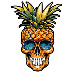 Juicy fruit skull, skeleton head pineapple peel illustration. Summer tropical party symbols.