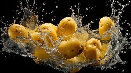 Fototapeta na wymiar fresh potatoes splashed with water on black and blurred background