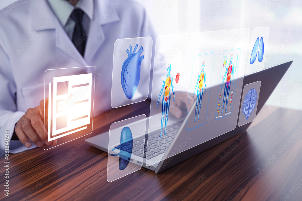 Poster doctor using technology document management on computer system management for cardiologist specialis