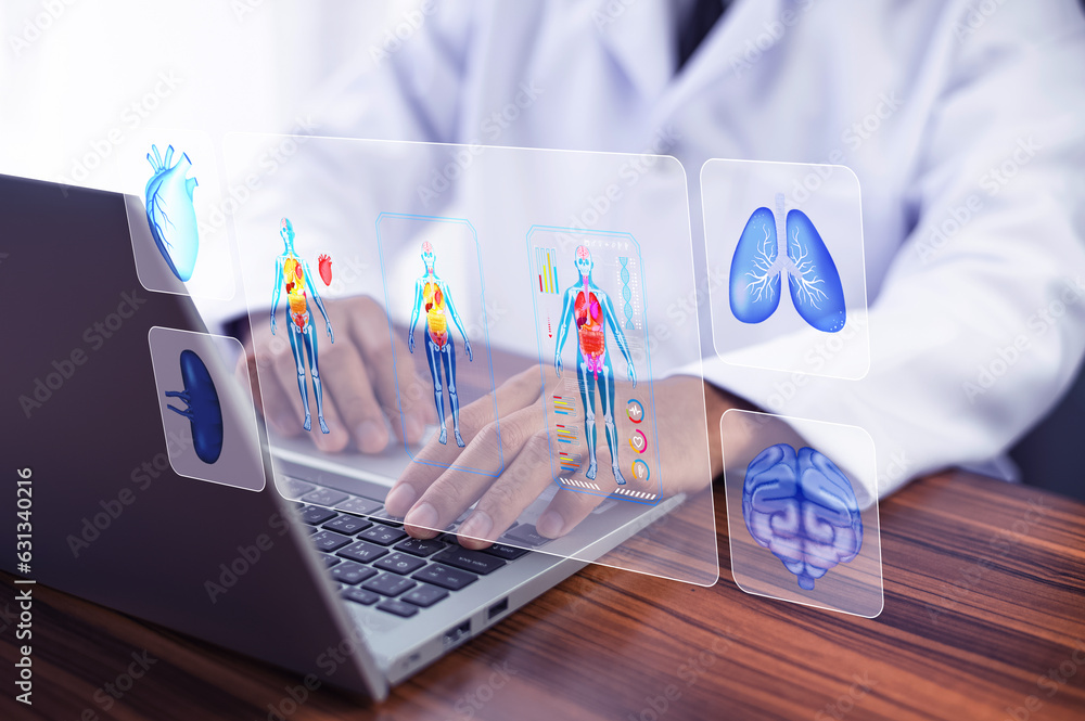 Poster documents concept, doctor use computer connection server data base patient for technology treatment 
