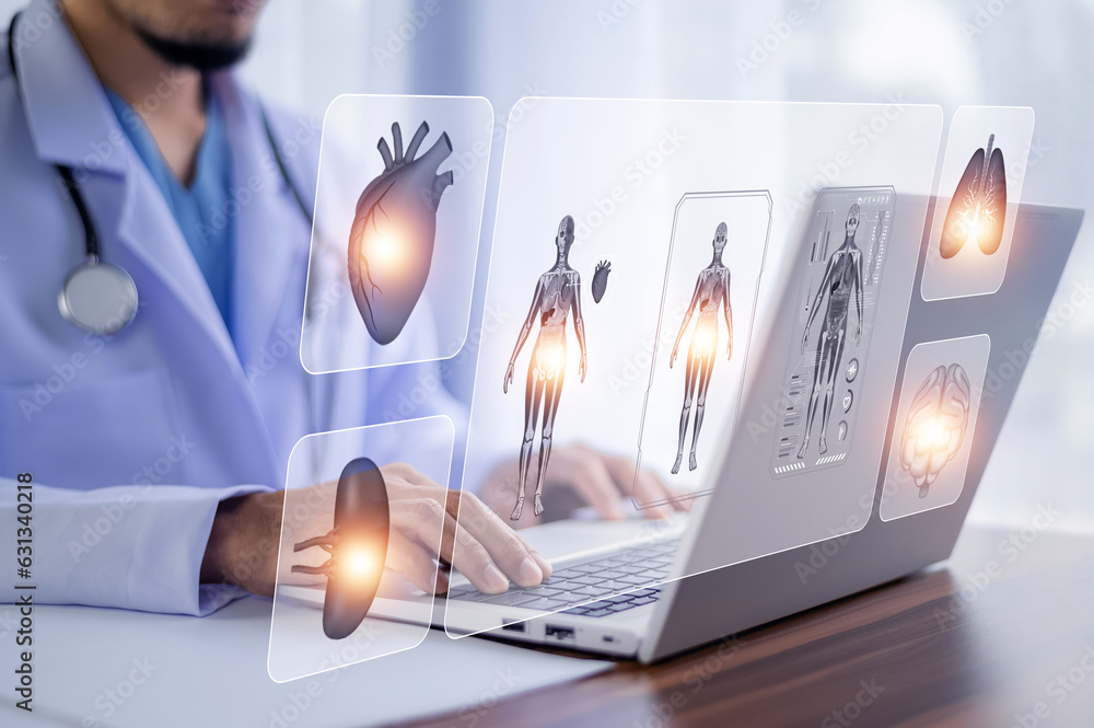 Poster documents concept, doctor use computer connection server data base patient for technology treatment 