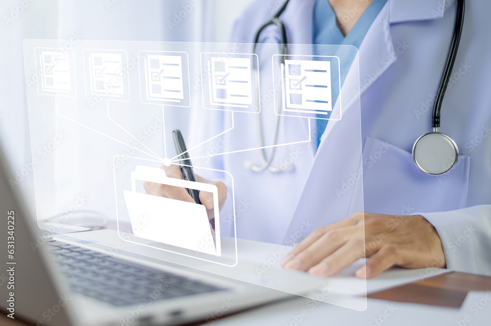 Poster doctor using technology document management on computer system management for cardiologist specialis