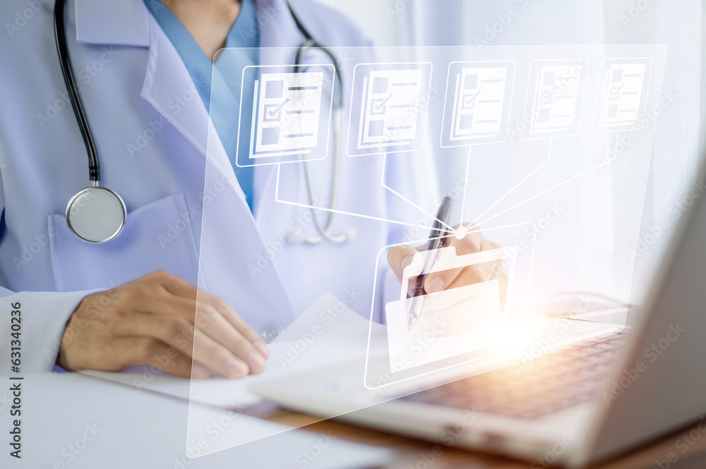 Poster doctor using technology document management on computer system management for cardiologist specialis