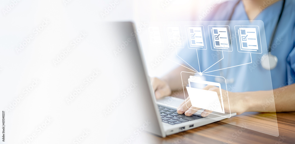 Poster doctor using technology document management on computer system management for cardiologist specialis