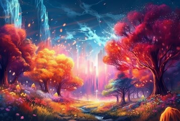 Fototapeta premium abstract landscape. colorful art fantasy landscape with a forest and glowing light. generative ai