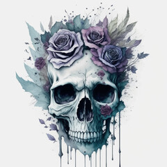 emo skull with roses clipart white background scattered water color, scattered watercolor, has shadow, there are random pastel colors