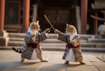 a pair of cats wearing martial armor. is practicing martial arts kung fu by playing stick. generative ai - obrazy, fototapety, plakaty