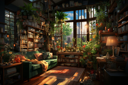 ソファーと大きな窓のある書斎：AI作品
