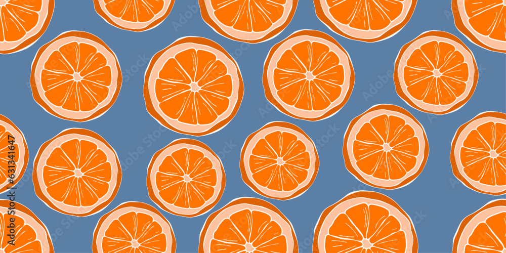 Poster Drawn and uneven orange slices. Seamless vector pattern with oranges. Vector for textiles, pillows, clothing, background, packaging, notepads, cups, interior. Stylish design.
