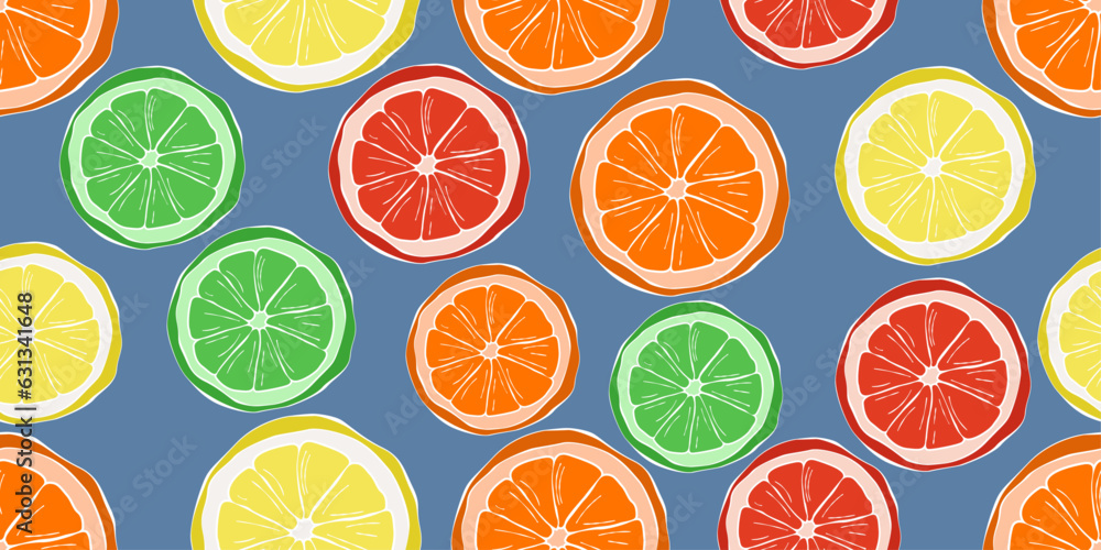 Poster Various citrus slices. All citruses on a drawn pattern, realistic and casual slices. Vector for textiles, pillows, clothing, background, packaging, notepads, cups, interior. Stylish design.