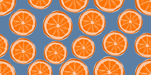 Drawn and uneven orange slices. Seamless vector pattern with oranges. Vector for textiles, pillows, clothing, background, packaging, notepads, cups, interior. Stylish design.