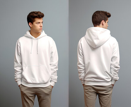 Front and back view of a white hoodie mockup for design print