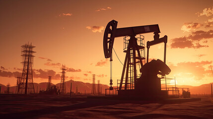 Silhouette of Crude oil pumpjack rig on desert silhouette in evening sunset, energy industrial machine for petroleum gas production. Generative Ai - obrazy, fototapety, plakaty