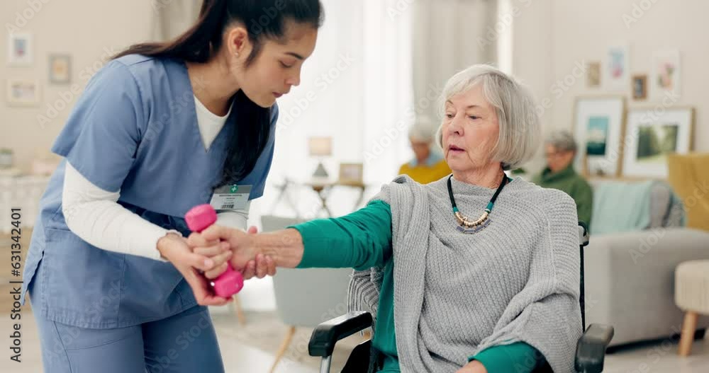 Canvas Prints Physiotherapy, nurse and senior woman in wheelchair, muscle exercise and physical therapy support at home. Retirement, nursing people or physiotherapist doctor helping elderly patient with disability