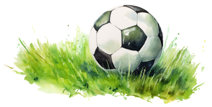 Watercolor of a soccer ball on top of a lush green field isolated.