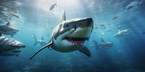 Fototapeta premium illustration of sharks in crystal blue water, generative AI