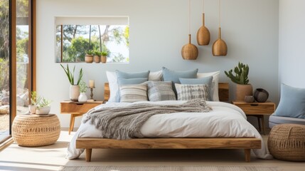 Fototapeta na wymiar Elegance in Simplicity: A White Bed in a Minimalist Bedroom, generative ai