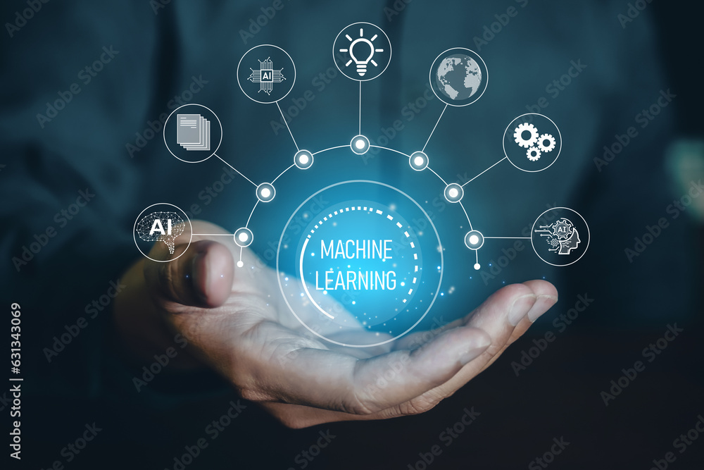 Aufkleber machine learning concept, technology ai and auto machine in the further.