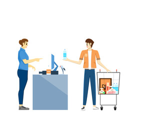 man standing and paying for purchases In front of the cashier at the counter in the supermarket. men who is shopping for fruit, food, and groceries add to cart in the supermarket. Vector cartoon life